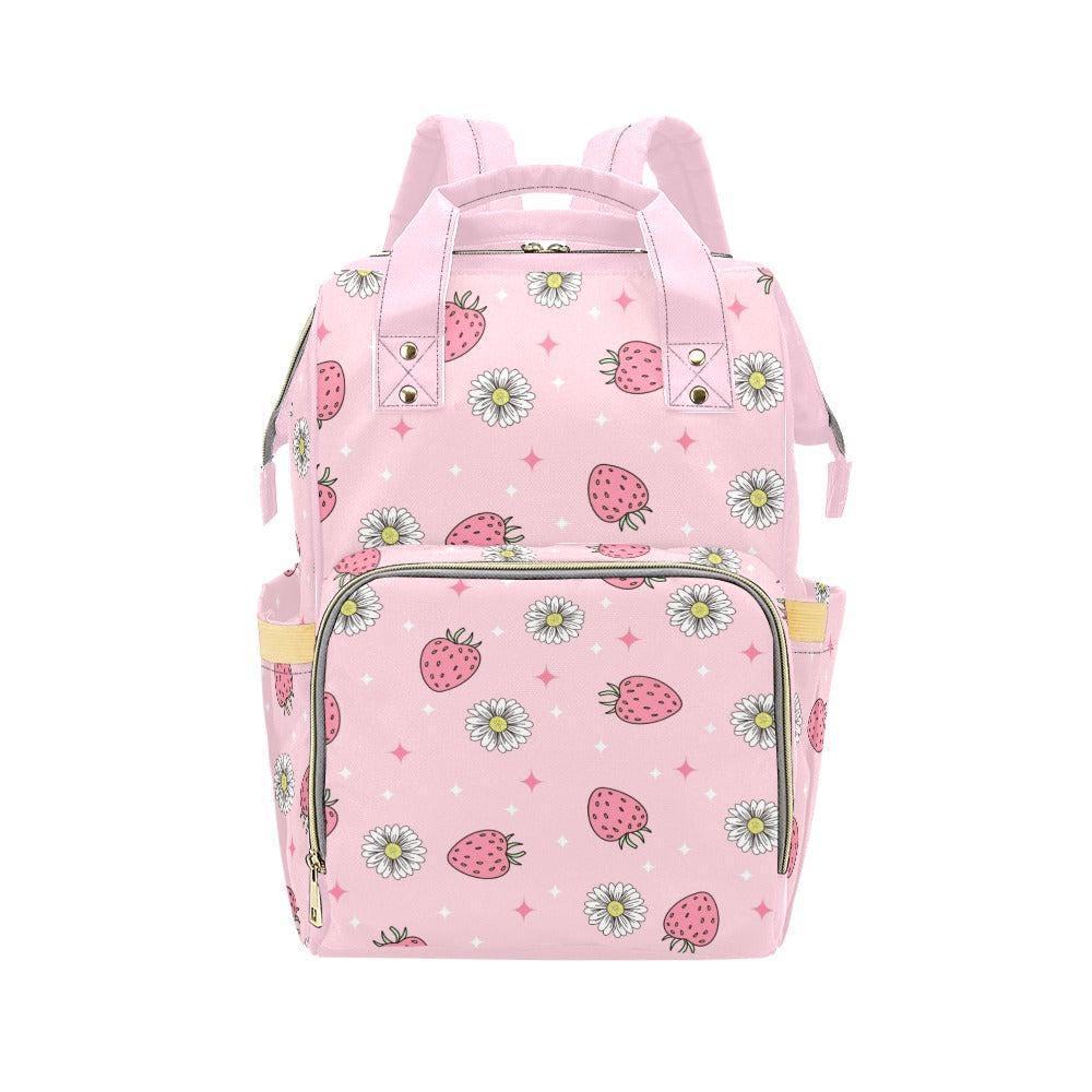 Pink Strawberry Daisy Diaper Bag Backpack, Floral Baby Travel Nursery Organizer