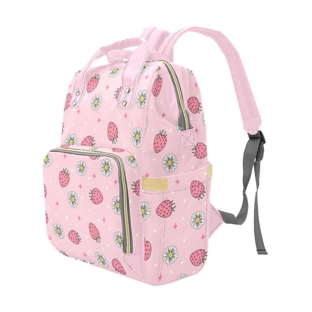 Pink Strawberry Daisy Diaper Bag Backpack, Floral Baby Travel Nursery Organizer