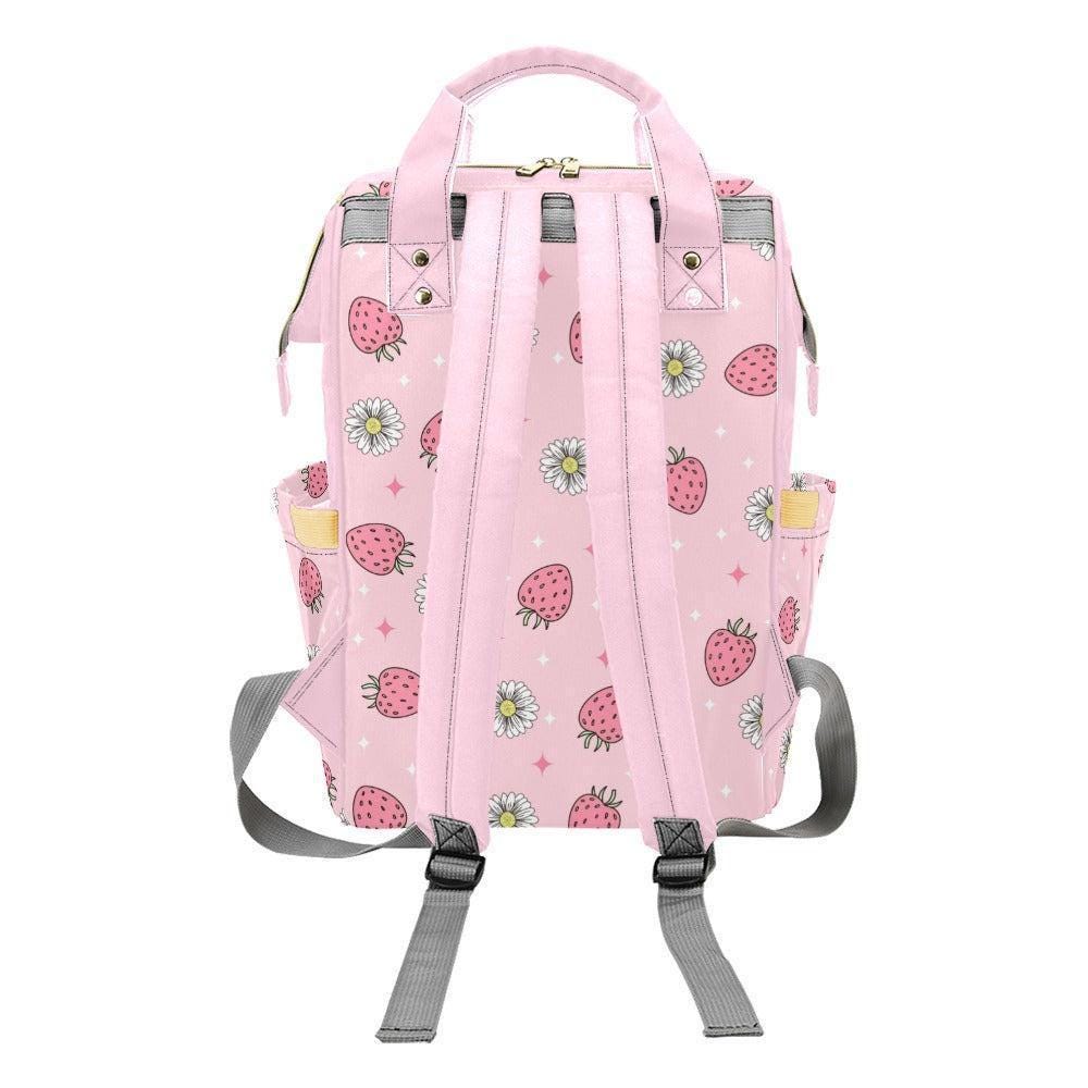 Pink Strawberry Daisy Diaper Bag Backpack, Floral Baby Travel Nursery Organizer