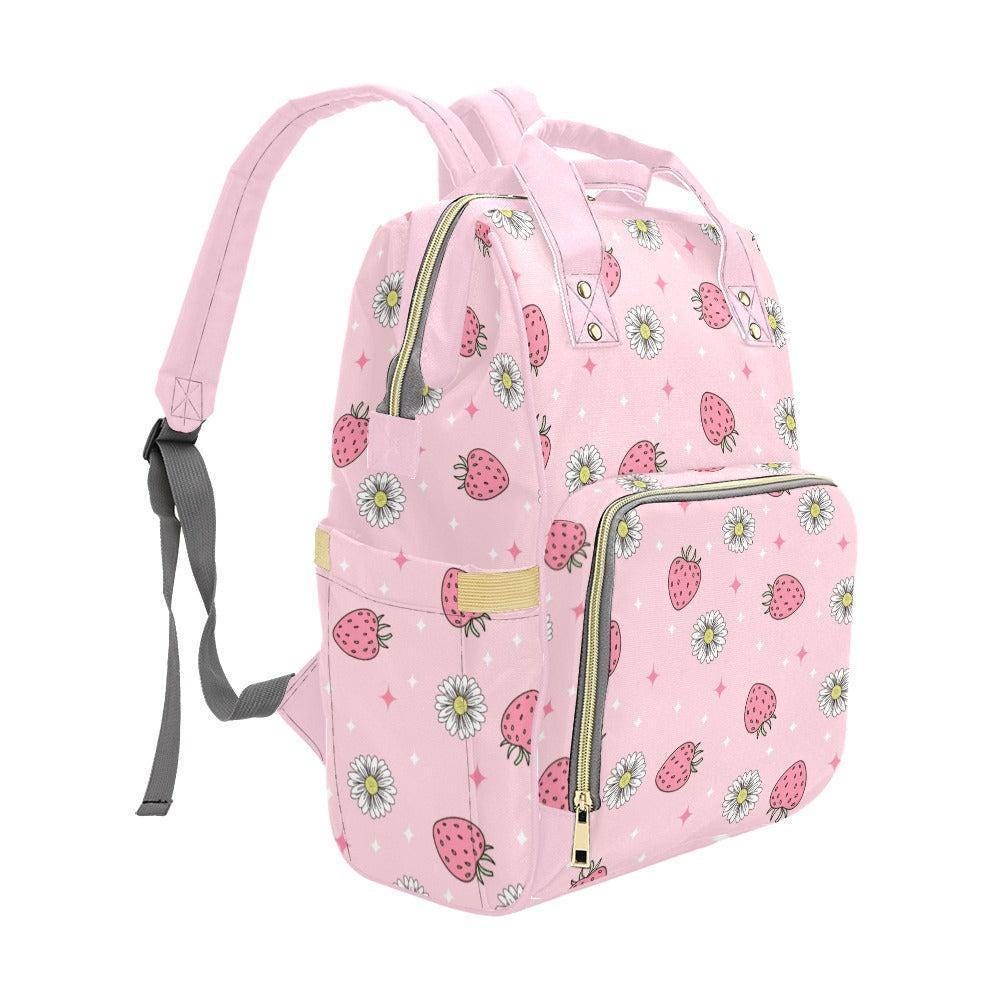 Pink Strawberry Daisy Diaper Bag Backpack, Floral Baby Travel Nursery Organizer