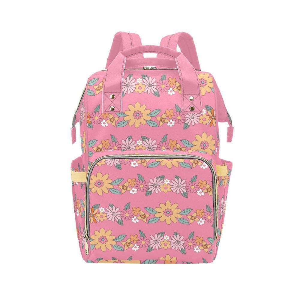 Pink Floral Diaper Bag Backpack, Retro Daisy Mom Travel Bag, Nursery Organizer Pockets