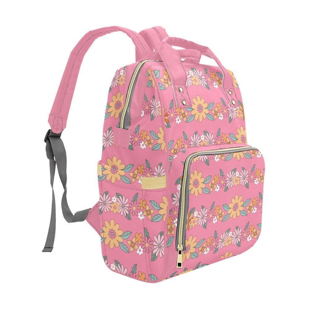 Pink Floral Diaper Bag Backpack, Retro Daisy Mom Travel Bag, Nursery Organizer Pockets