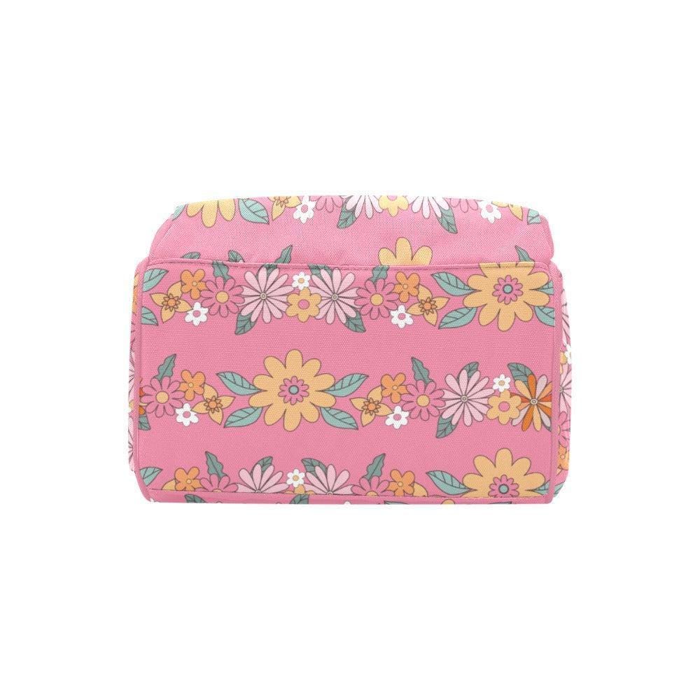 Pink Floral Diaper Bag Backpack, Retro Daisy Mom Travel Bag, Nursery Organizer Pockets