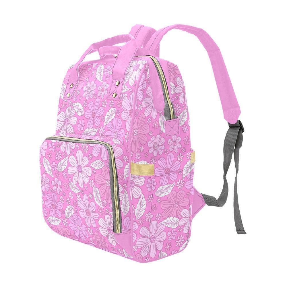 Pink Daisy Diaper Backpack, Retro Floral Baby Travel Organizer, Stroller Ready Nursery Pack