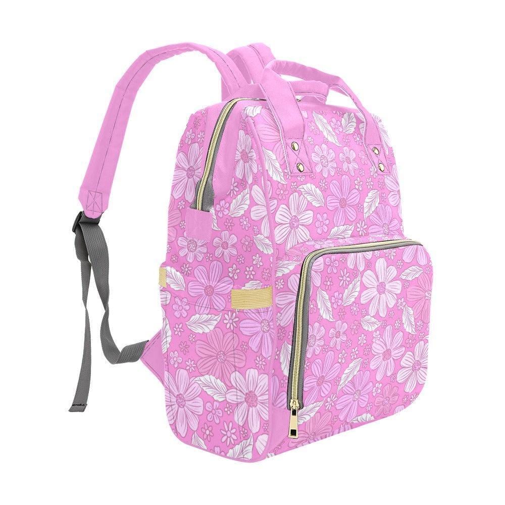 Pink Daisy Diaper Backpack, Retro Floral Baby Travel Organizer, Stroller Ready Nursery Pack