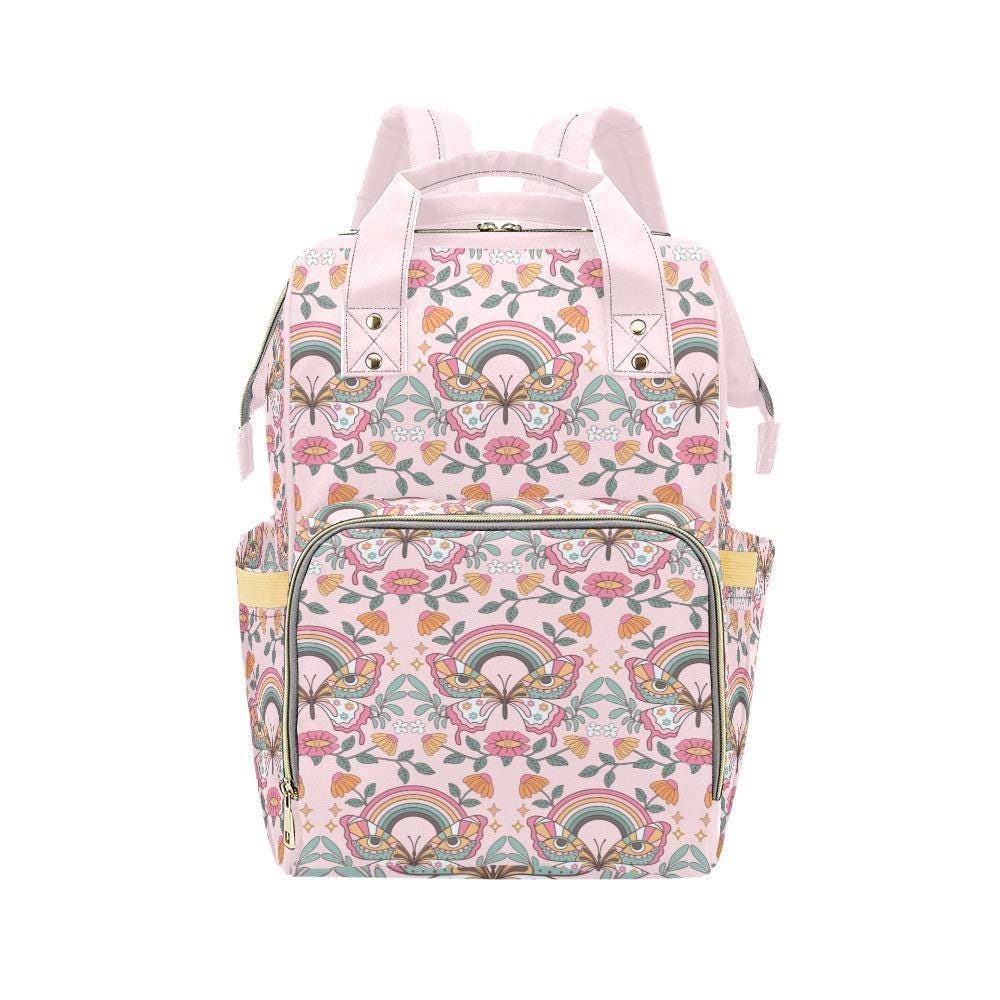 Pink Rainbow Diaper Bag Backpack, Floral Mom Backpack Baby Travel Bag