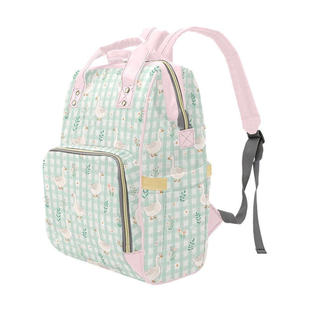 Goose Diaper Bag Backpack, Mint Gingham Nursery Bag, Cottagecore Baby Travel Pack
