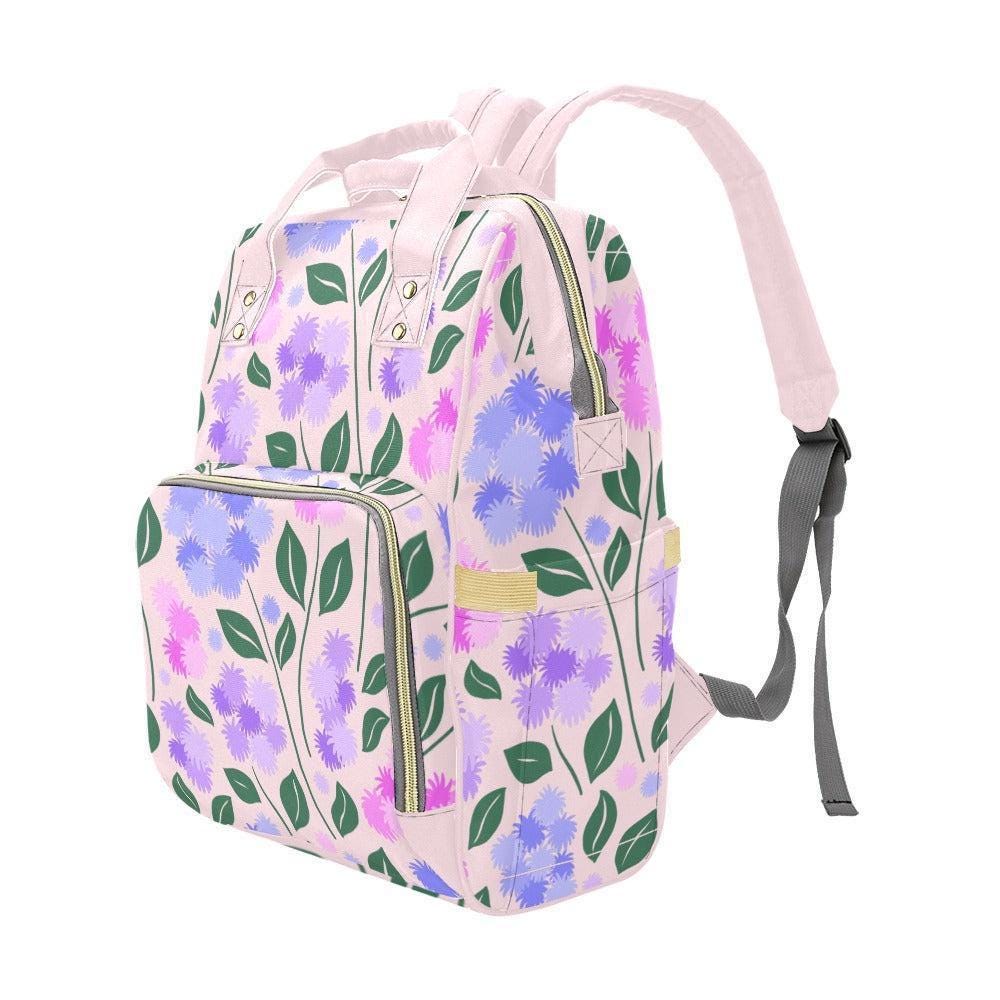 Floral Diaper Backpack, Lilac Mom Bag, Baby Essentials Organizer for Stroller Travel