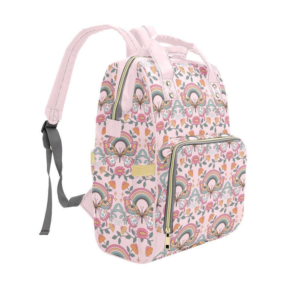 Pink Rainbow Diaper Bag Backpack, Floral Mom Backpack Baby Travel Bag