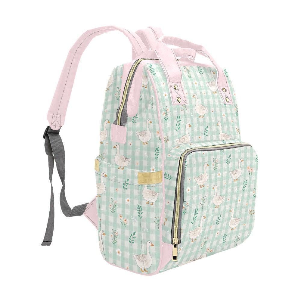 Goose Diaper Bag Backpack, Mint Gingham Nursery Bag, Cottagecore Baby Travel Pack