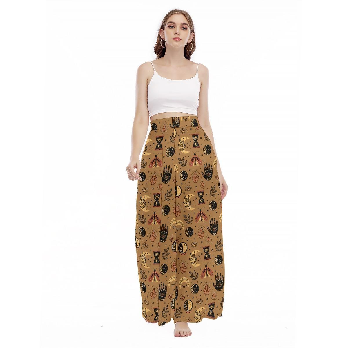Celestial Tarot Wide Leg Trousers, Mystic Moon Moth Boho Print Lounge Wear