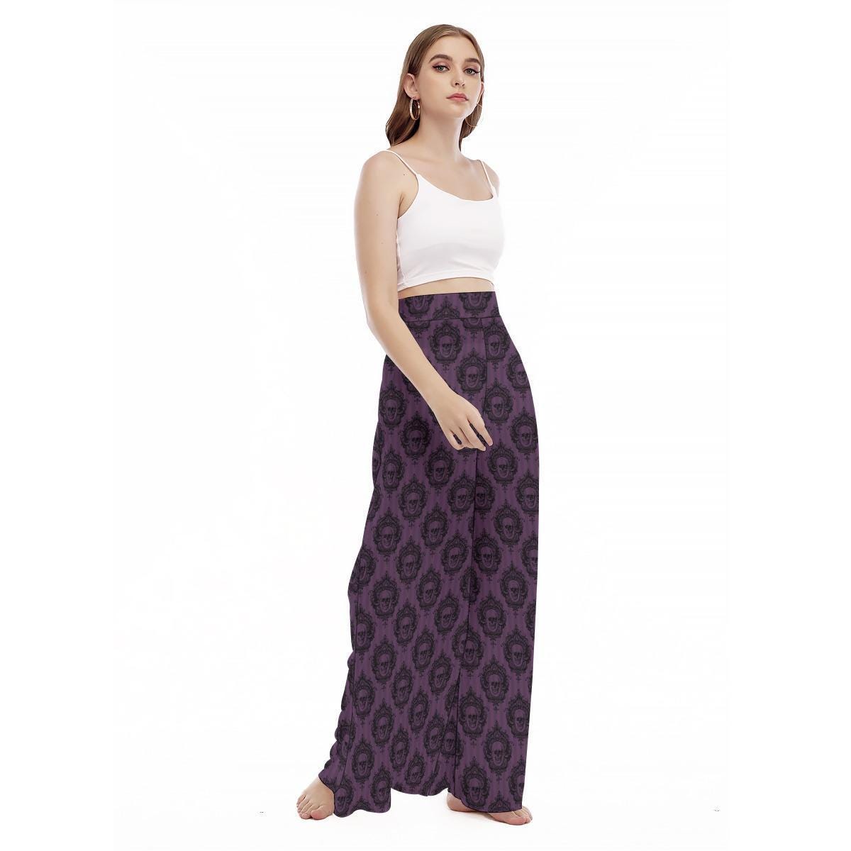 Purple Floral Skull Wide Leg Pants, Victorian Baroque Trousers, Dark Romantic Outfit Bottoms