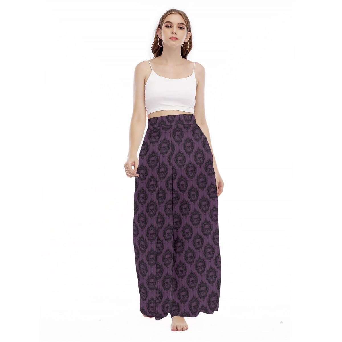 Purple Floral Skull Wide Leg Pants, Victorian Baroque Trousers, Dark Romantic Outfit Bottoms