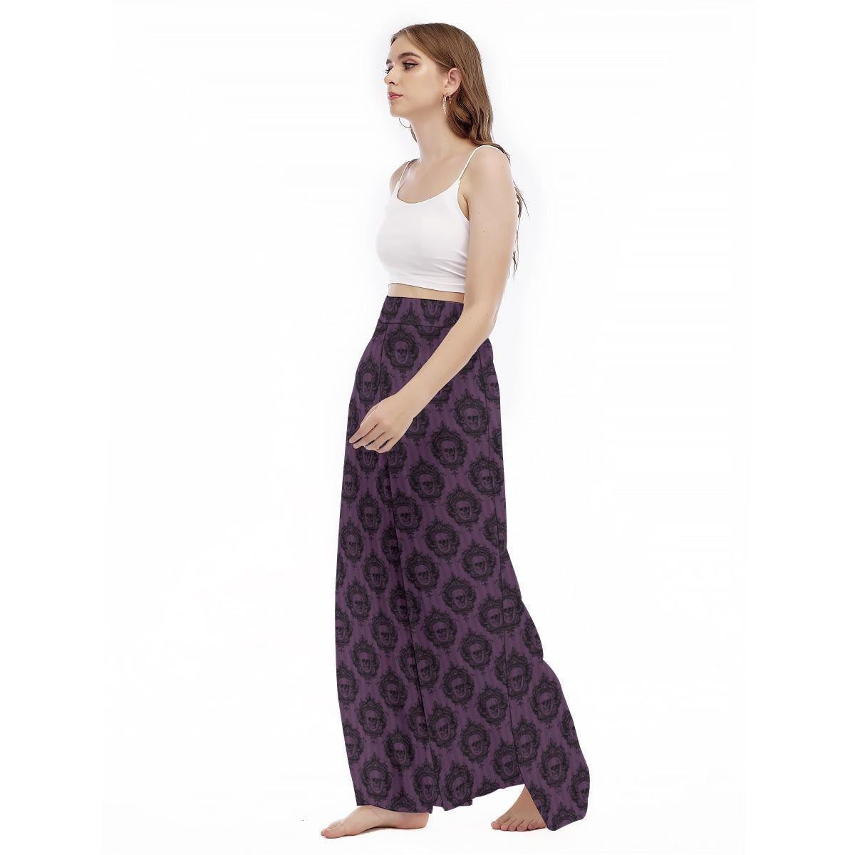 Purple Floral Skull Wide Leg Pants, Victorian Baroque Trousers, Dark Romantic Outfit Bottoms