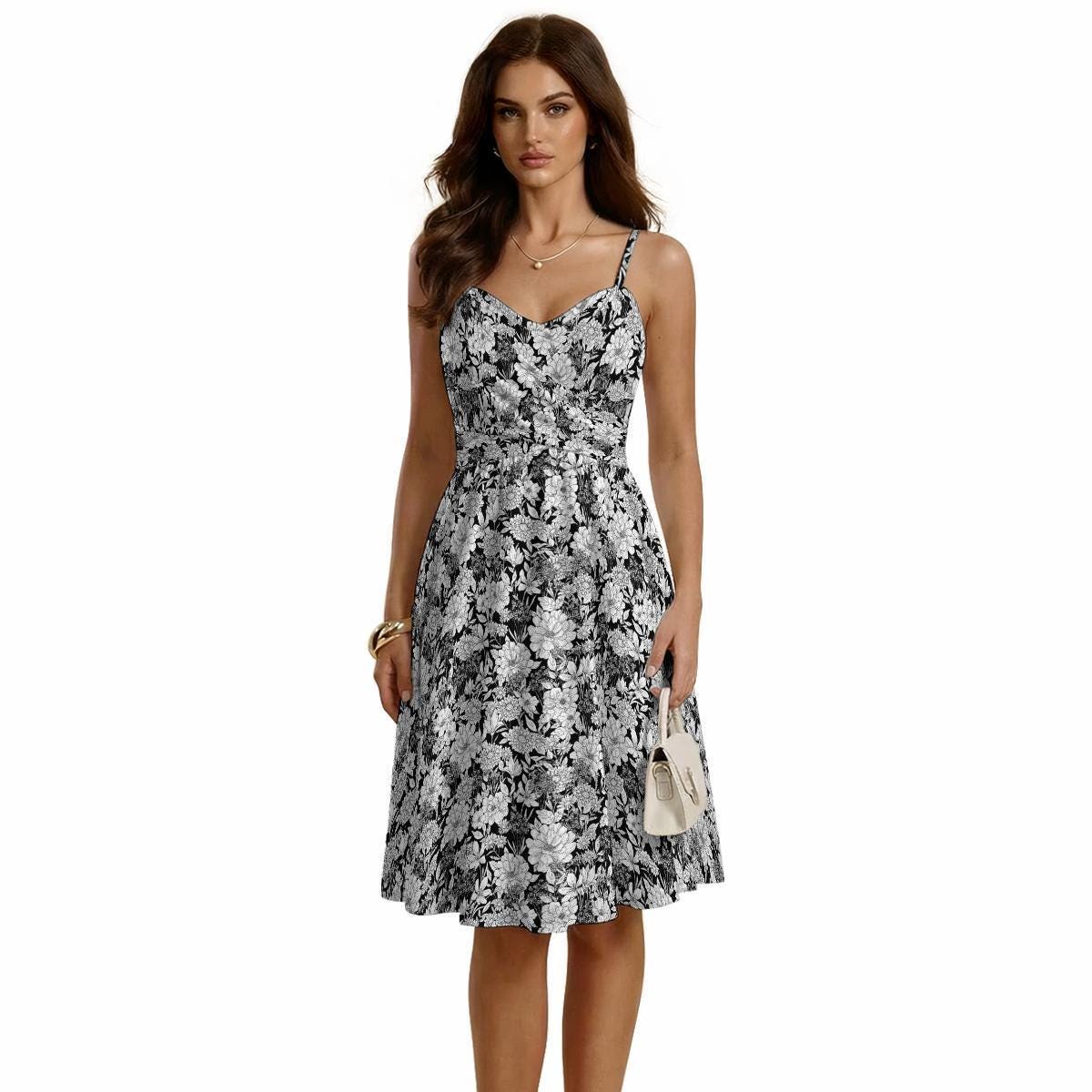 Black White Floral Midi Dress, Vintage Garden Sundress, Fit and Flare Silhouette