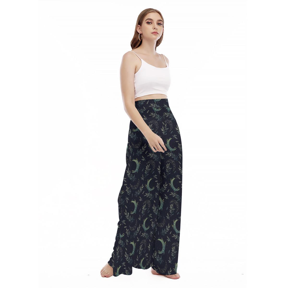Crescent Moon Botanical Wide Leg Pants, High Waist Mystical Nature Trousers