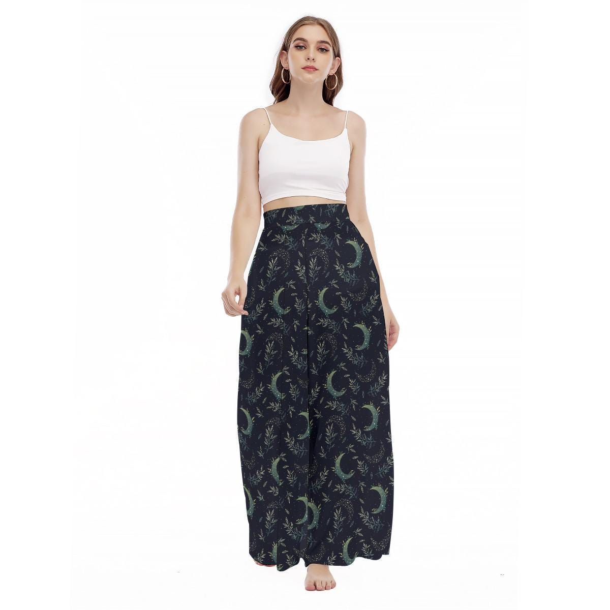 Crescent Moon Botanical Wide Leg Pants, High Waist Mystical Nature Trousers