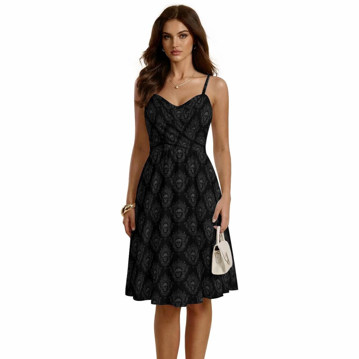 Gothic Skull Midi Dress, Black Damask Print, Dark Academia Strappy Outfit