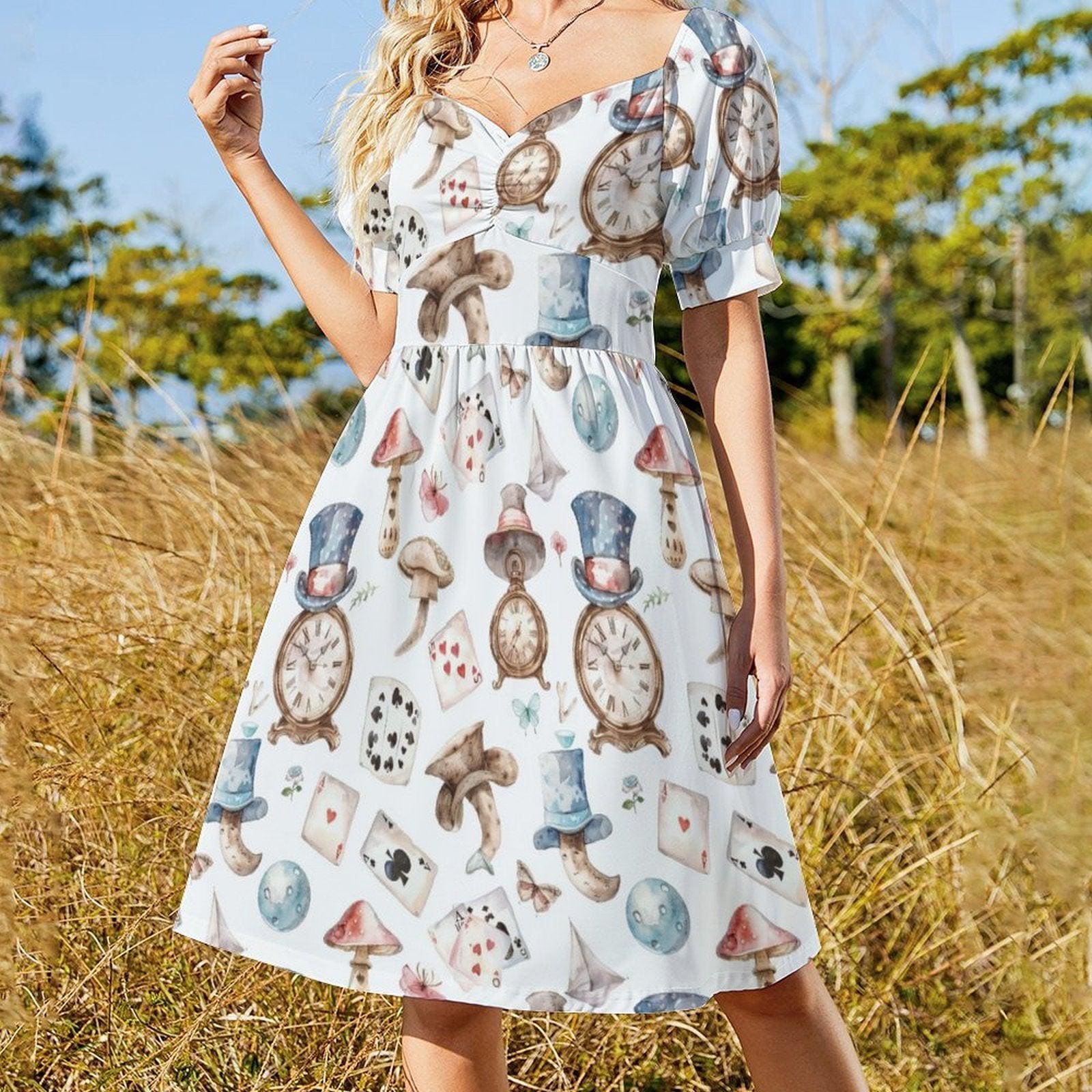 Whimsical Clock Mushroom Print Puff Sleeve Dress, Fairytale Fantasy Party Outfit