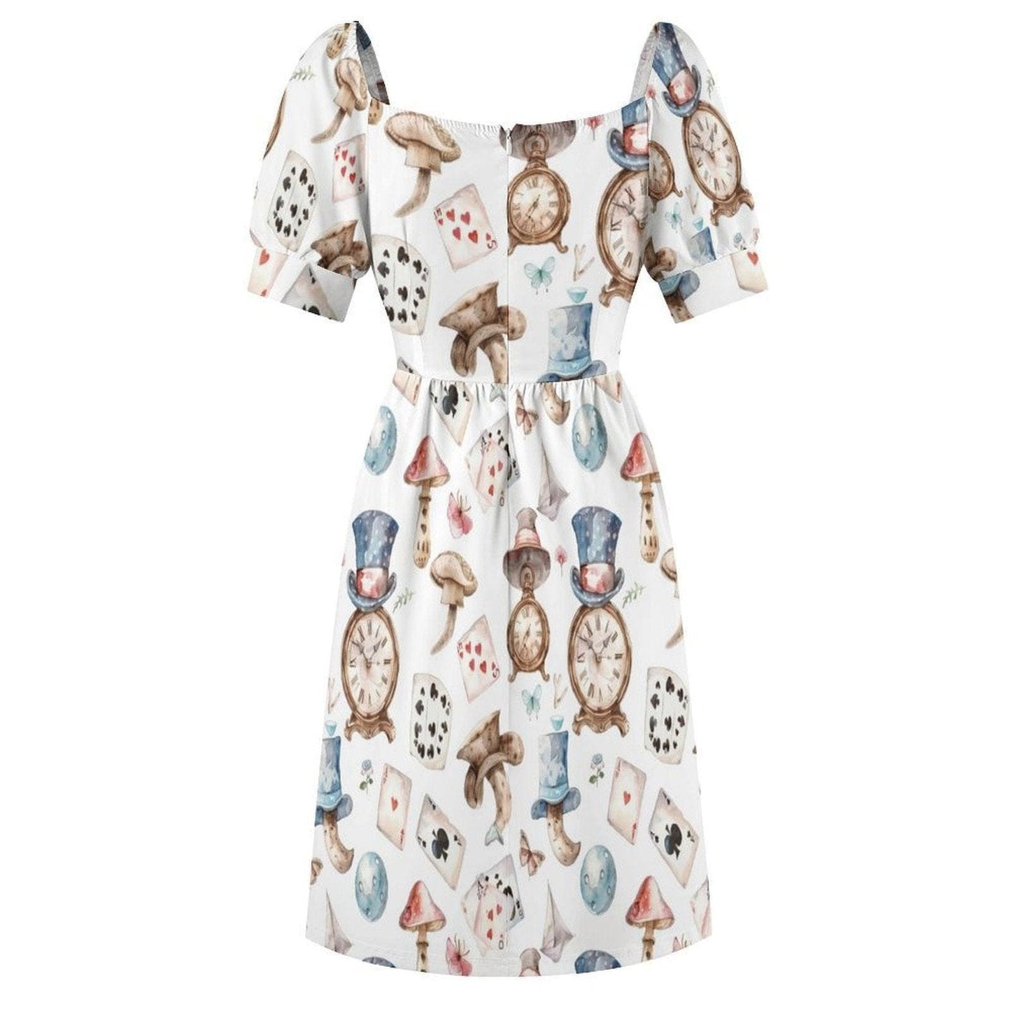 Whimsical Clock Mushroom Print Puff Sleeve Dress, Fairytale Fantasy Party Outfit