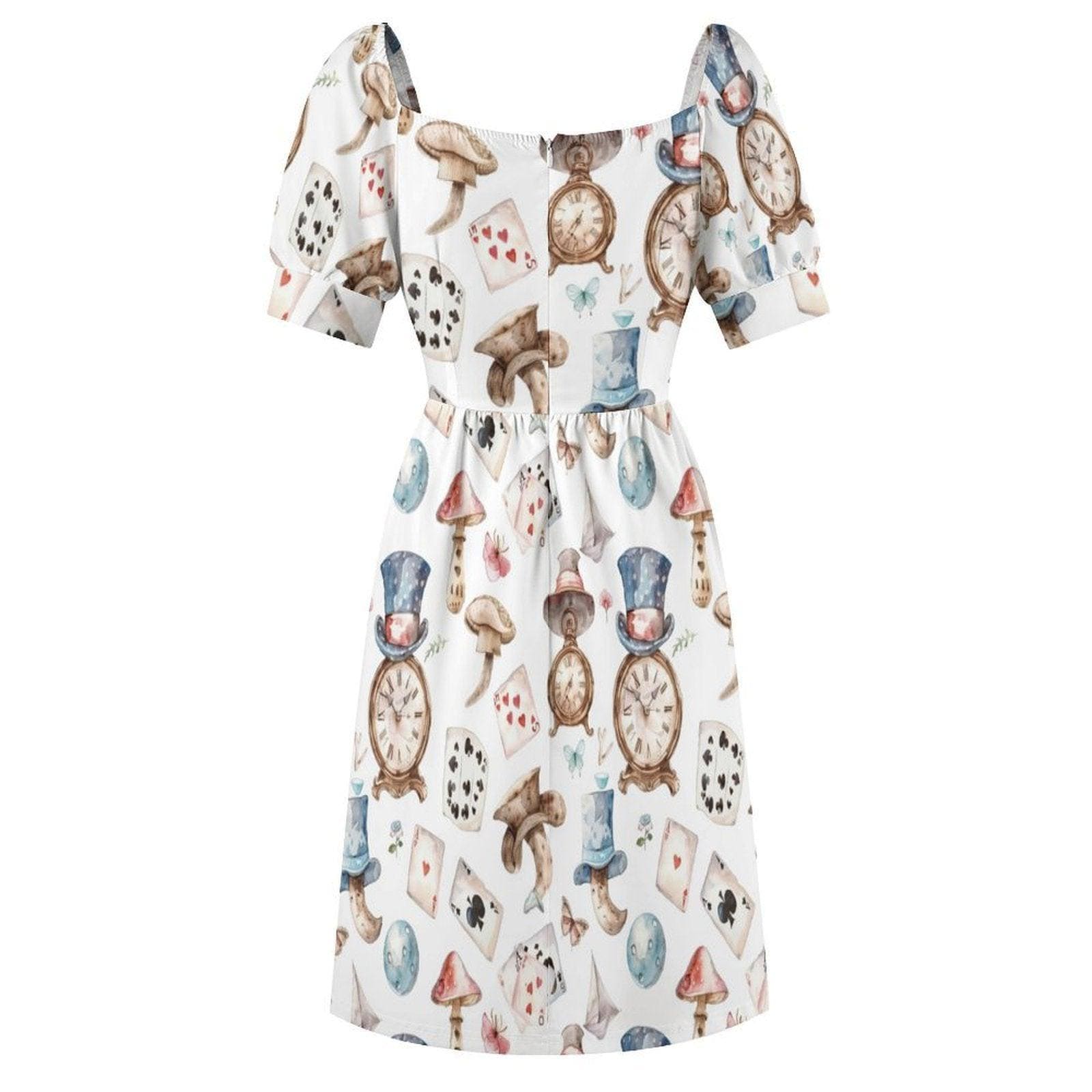 Whimsical Clock Mushroom Print Puff Sleeve Dress, Fairytale Fantasy Party Outfit