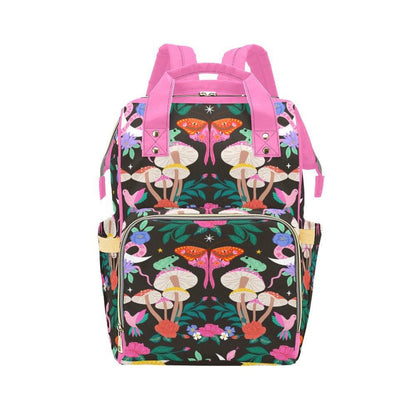 Pink Moth Mushroom Diaper Bag Backpack, Floral Baby Organizer, Forest Nursery Bag