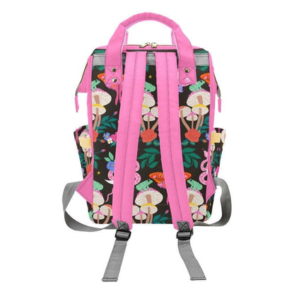 Pink Moth Mushroom Diaper Bag Backpack, Floral Baby Organizer, Forest Nursery Bag