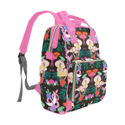 Pink Moth Mushroom Diaper Bag Backpack, Floral Baby Organizer, Forest Nursery Bag