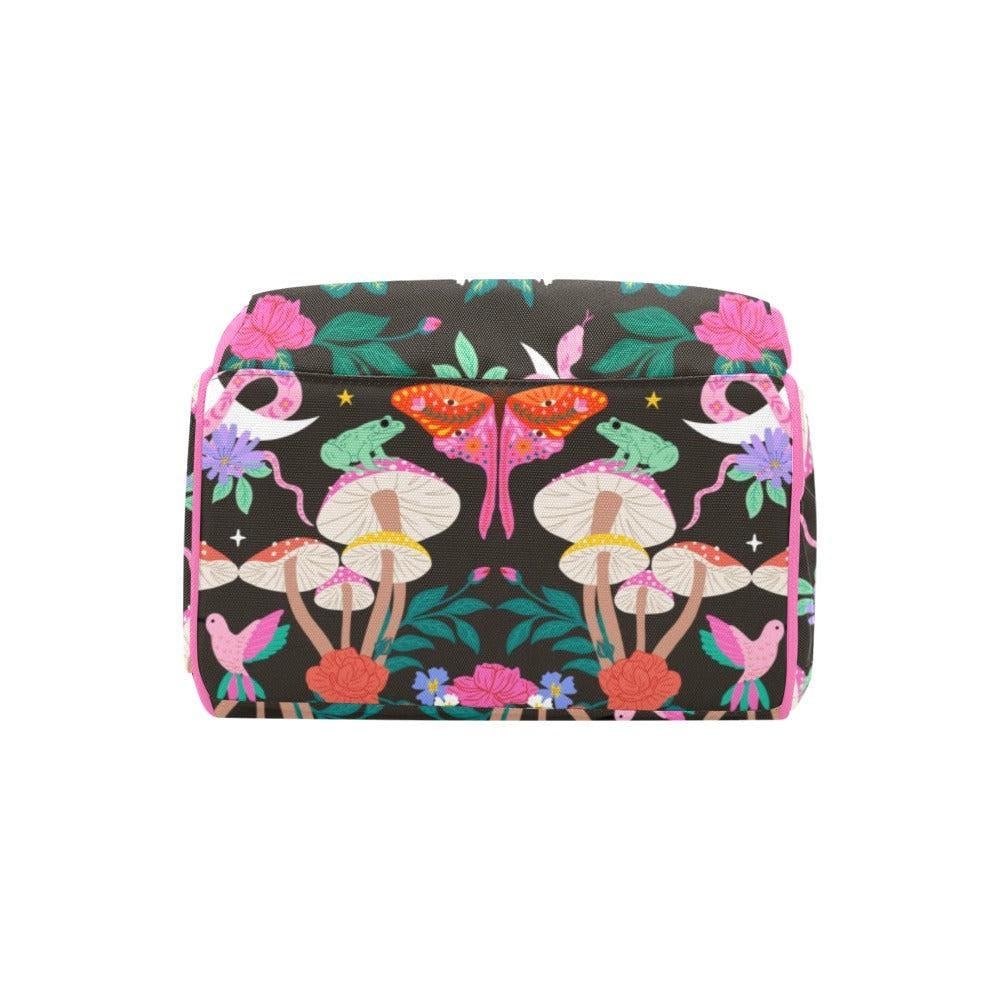 Pink Moth Mushroom Diaper Bag Backpack, Floral Baby Organizer, Forest Nursery Bag