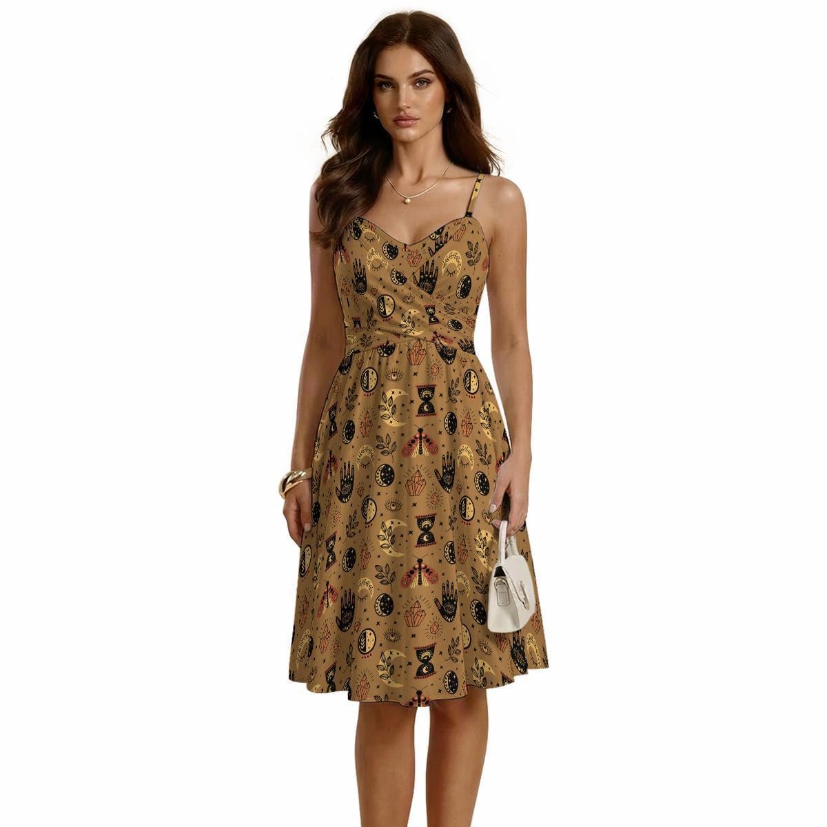 Mystic Symbol Midi Sundress, Tan Boho Moon Print, Spiritual Crystal Pattern, Women's Outfit