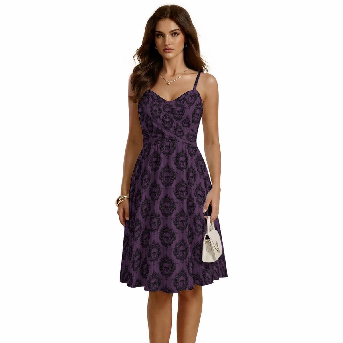 Gothic Skull Print Fit and Flare Dress, Dark Academia Strappy Sundress
