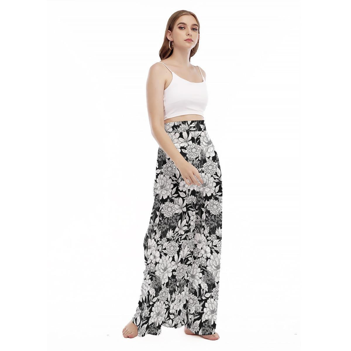 Black White Floral Palazzo Pants, Botanical Wide Leg Summer Trousers, Cottagecore Lounge Pants