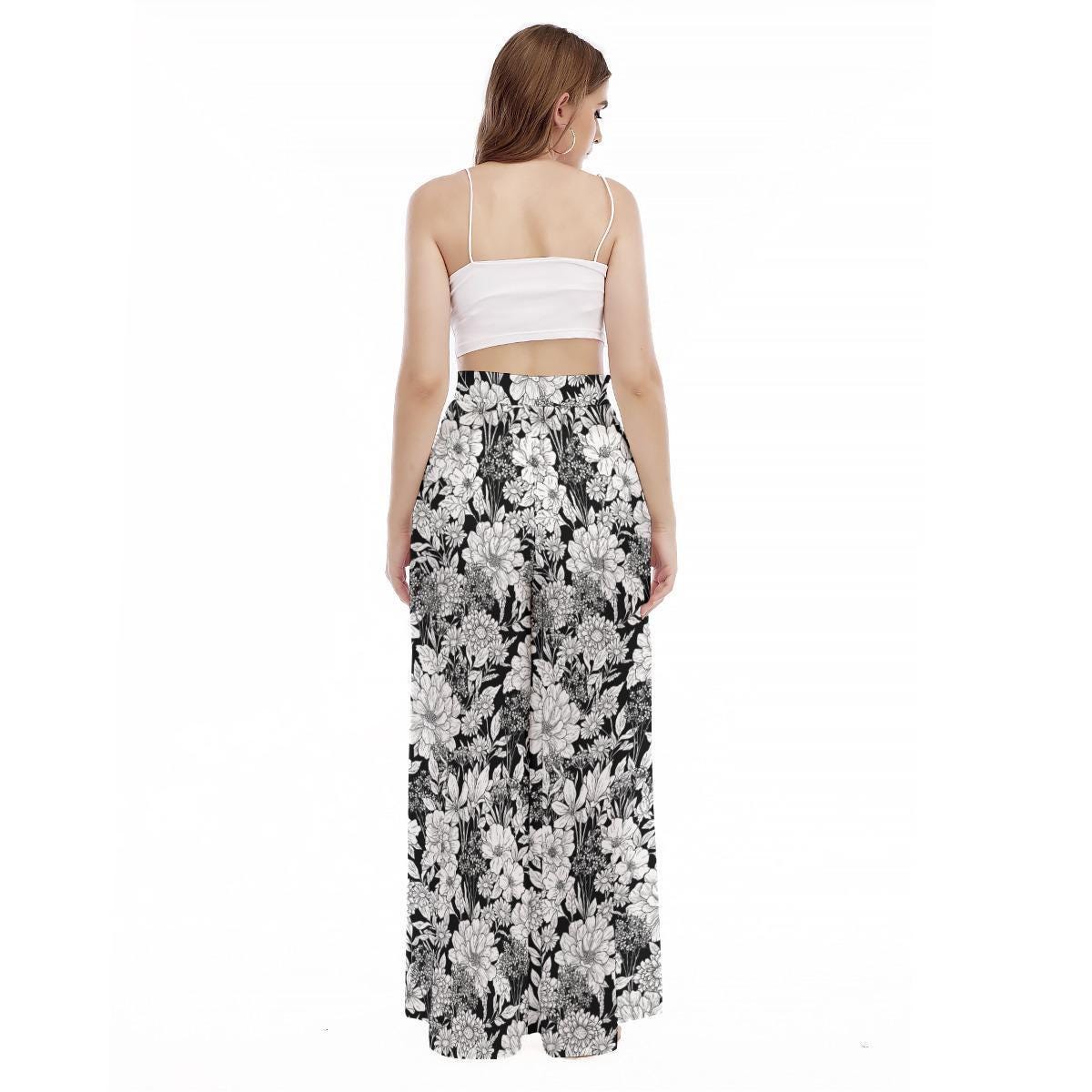Black White Floral Palazzo Pants, Botanical Wide Leg Summer Trousers, Cottagecore Lounge Pants
