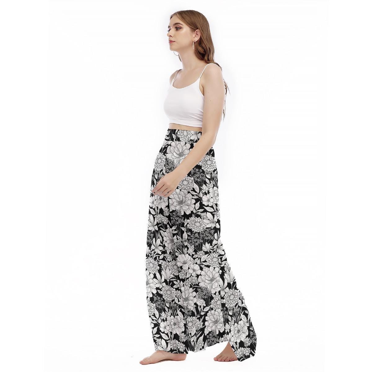Black White Floral Palazzo Pants, Botanical Wide Leg Summer Trousers, Cottagecore Lounge Pants