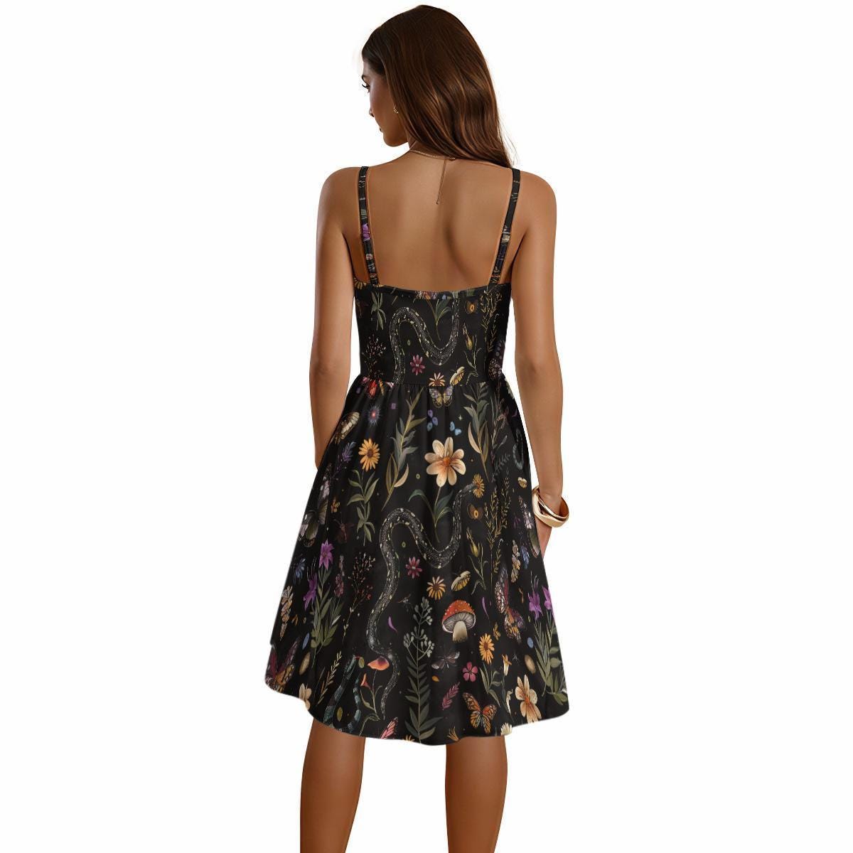 Dark Botanical Snake Floral Midi Dress, Witchy Mushroom Cottagecore Style