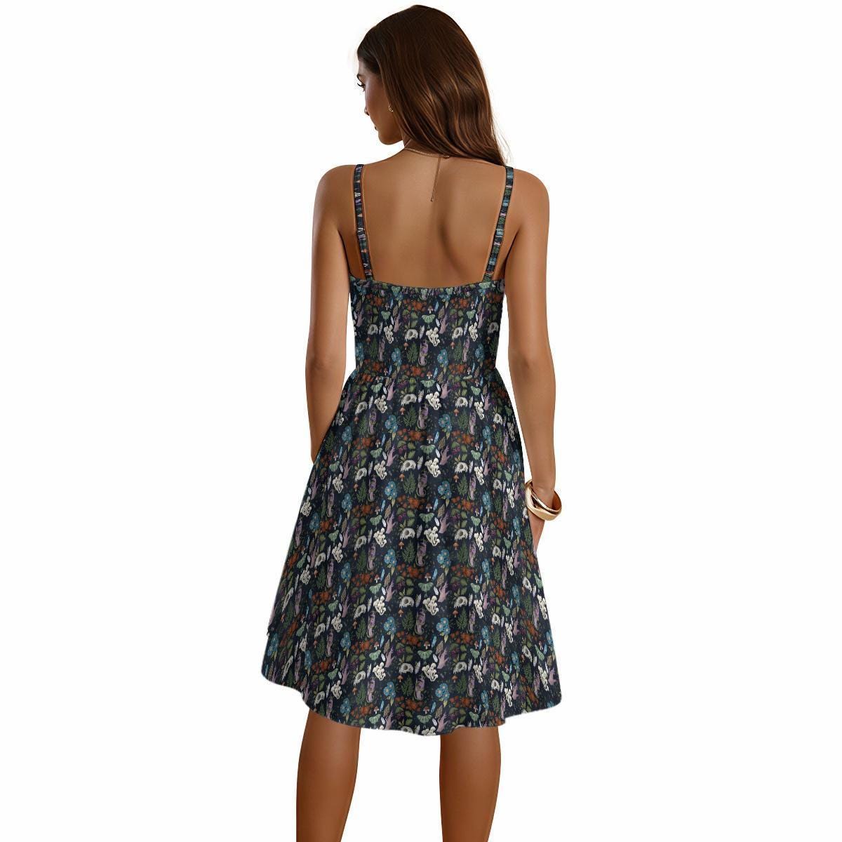 Woodland Mushroom Botanical Midi Dress, Dark Nature Fit and Flare Cottagecore Outfit
