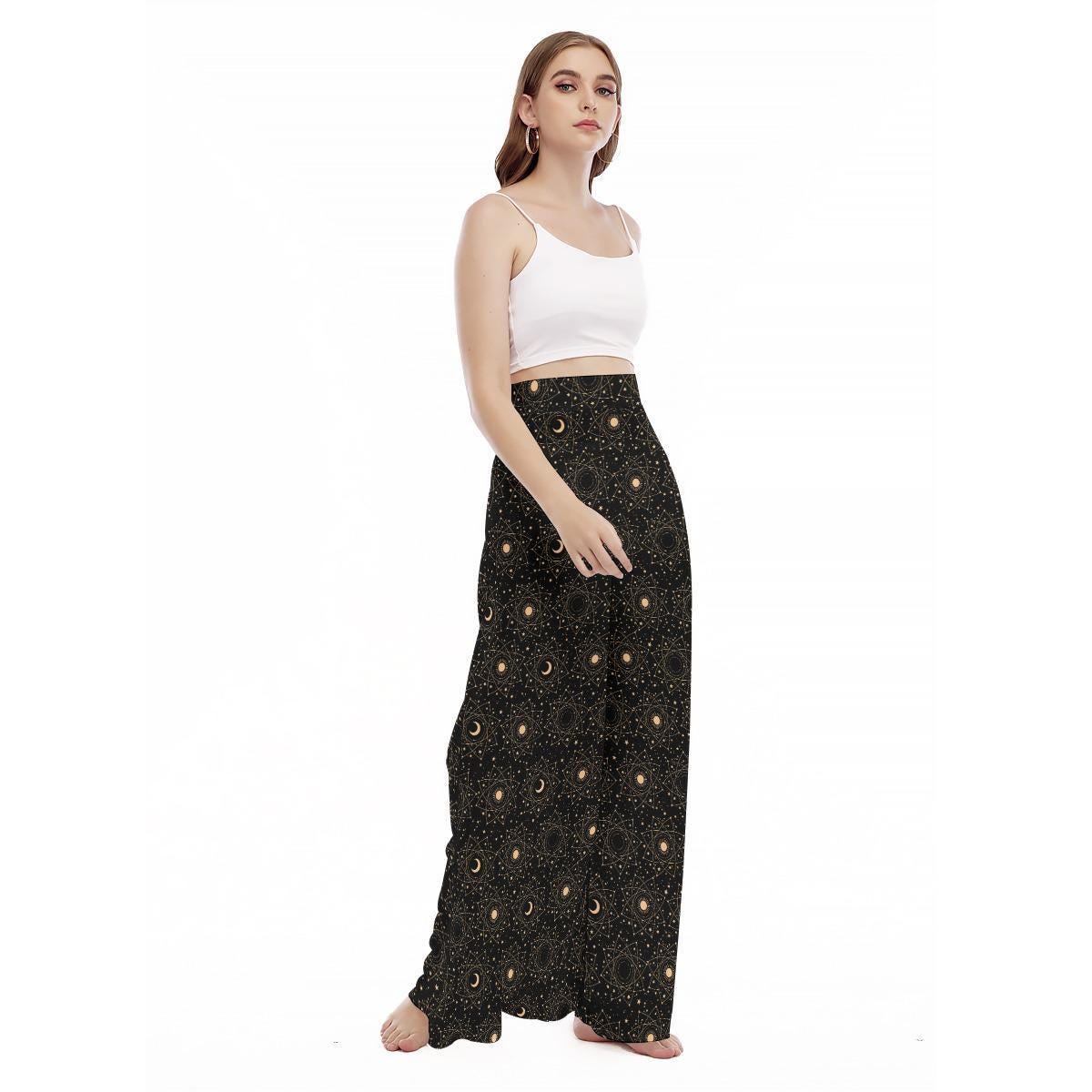 Women's Moon Phase Wide Leg Pants, Astrology Night Sky Trousers, Gold Star Print