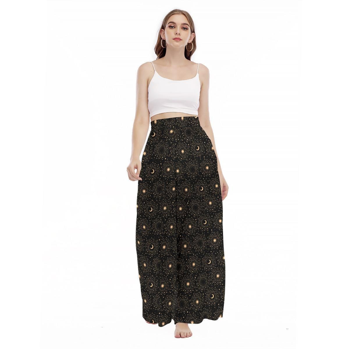 Women's Moon Phase Wide Leg Pants, Astrology Night Sky Trousers, Gold Star Print