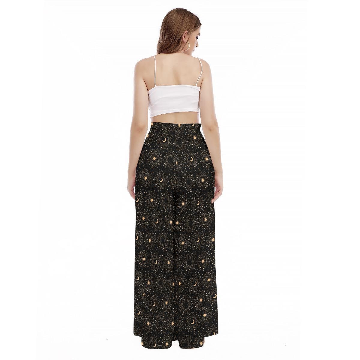 Women's Moon Phase Wide Leg Pants, Astrology Night Sky Trousers, Gold Star Print