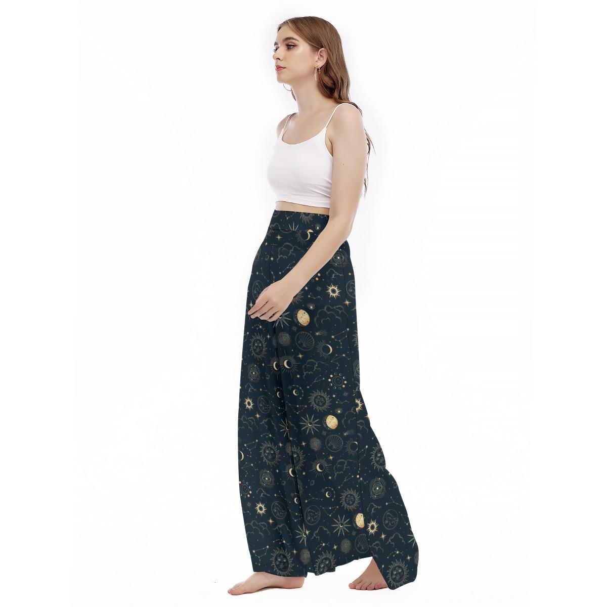 Navy Celestial Sun Moon Wide Leg Lounge Pants, Mystic Boho Trousers