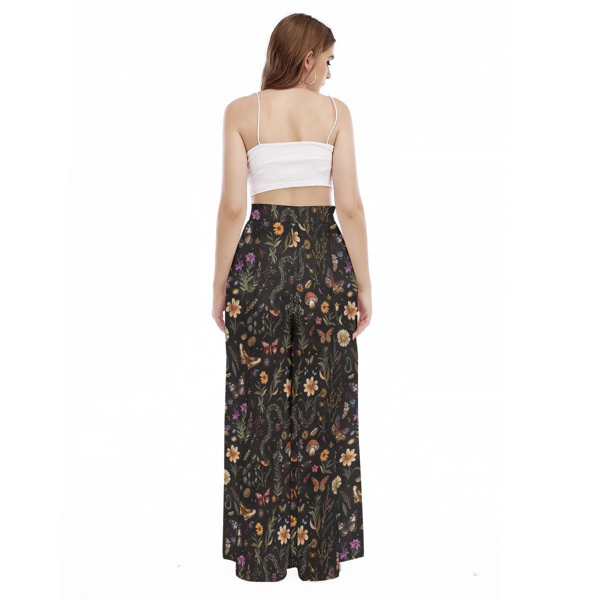 Dark Botanical Wide Leg Pants, Cottagecore Mushroom Butterfly Trousers