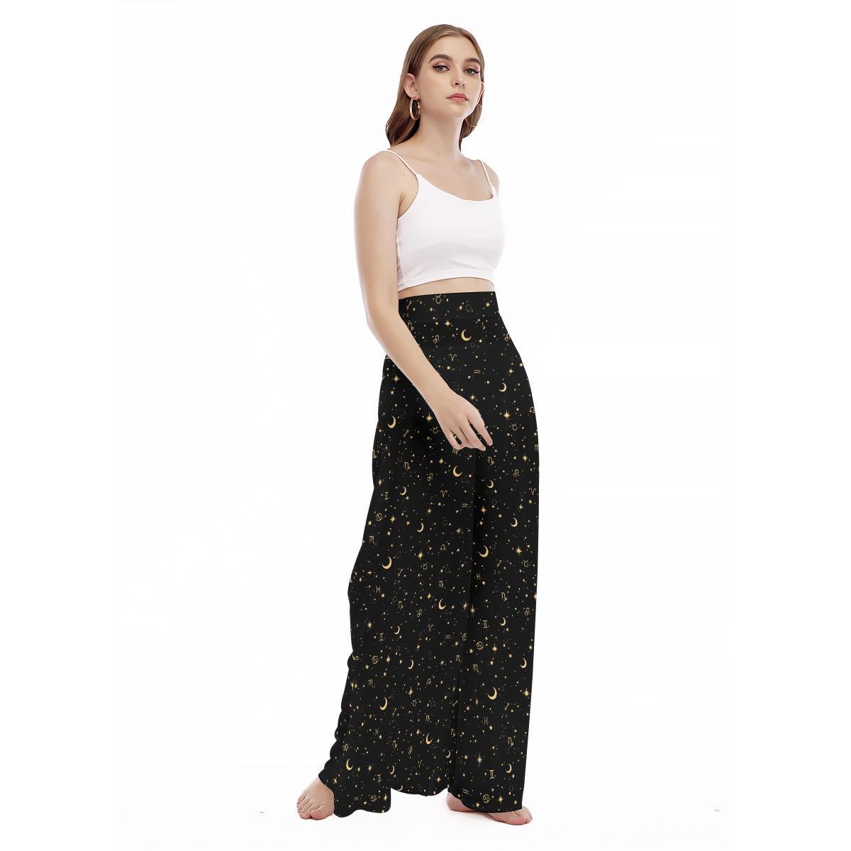 Celestial Zodiac Pants, Moon Star Wide Leg Trousers, Astrology Loungewear, Witchy Black Statement Bottoms