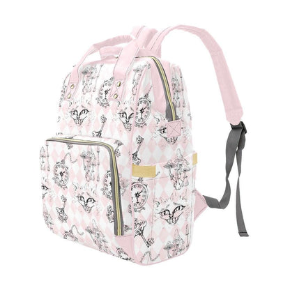 Pink Diaper Backpack, Wonderland Cat Clock Key Print Mommy Bag, Pastel Nursery Travel Bag