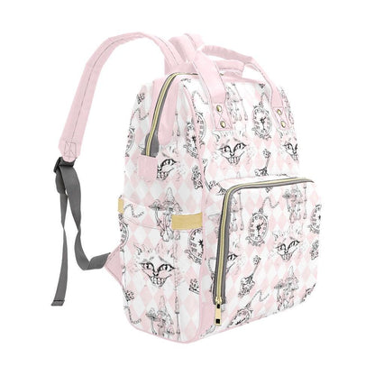 Pink Diaper Backpack, Wonderland Cat Clock Key Print Mommy Bag, Pastel Nursery Travel Bag