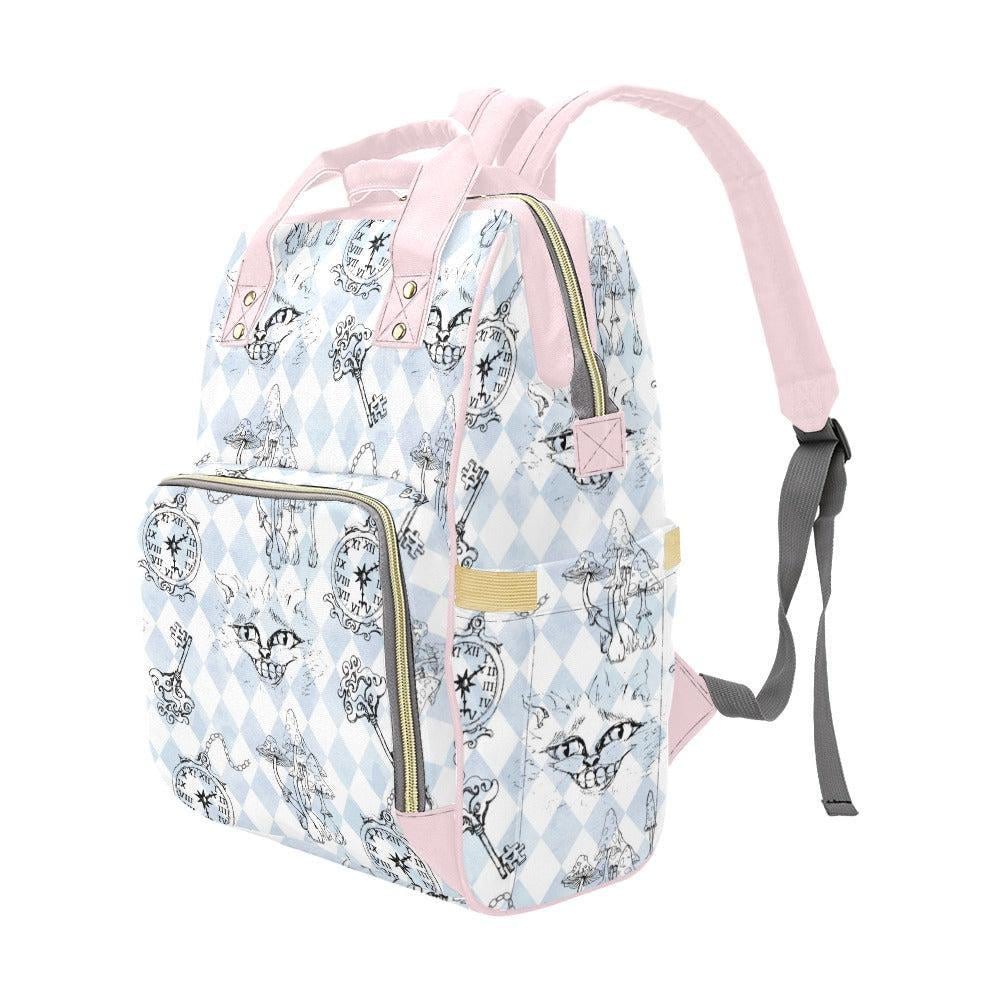 Storybook Diaper Bag Backpack, Pastel Clock Cat Print, Whimsical Mom Travel Bag
