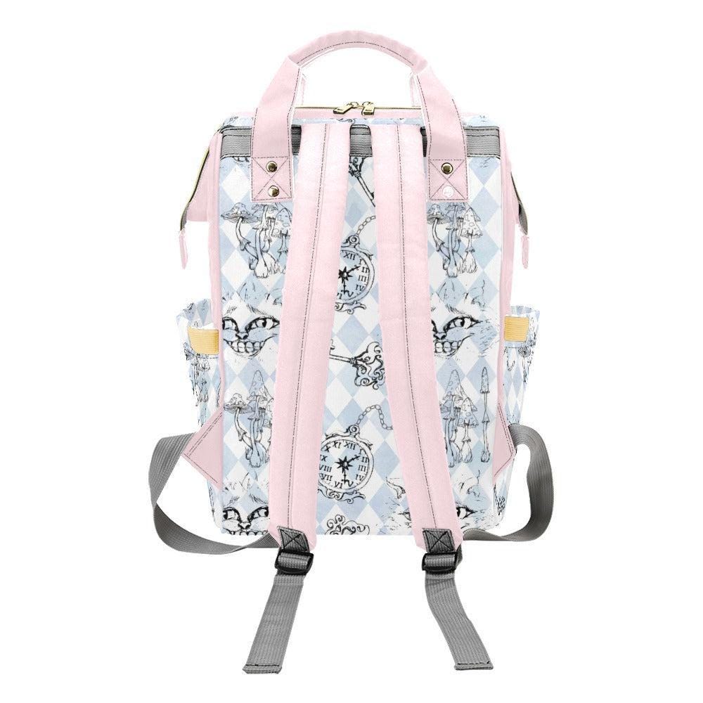 Storybook Diaper Bag Backpack, Pastel Clock Cat Print, Whimsical Mom Travel Bag
