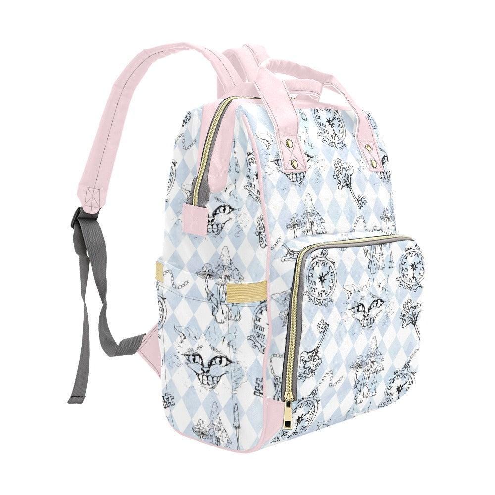 Storybook Diaper Bag Backpack, Pastel Clock Cat Print, Whimsical Mom Travel Bag