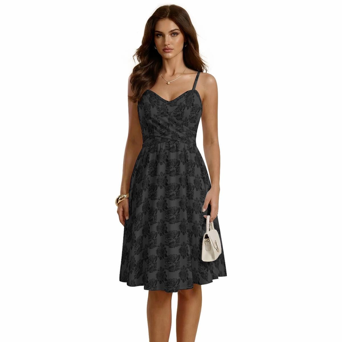 Black Rose Midi Dress, Sweetheart Neckline Floral Cocktail Dress