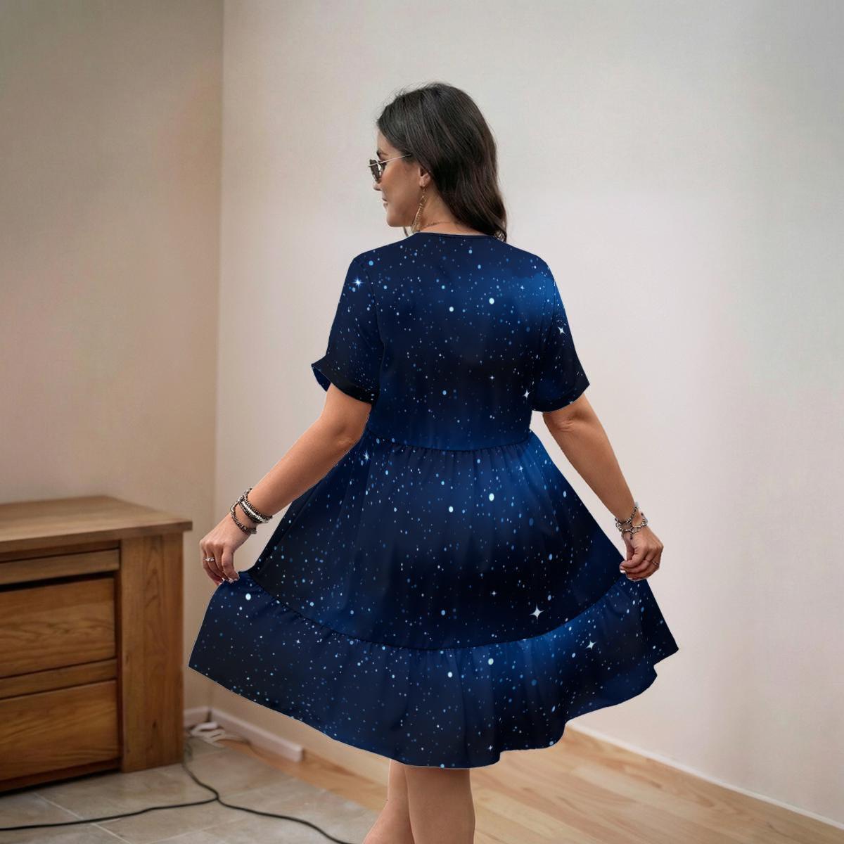 Navy Starry Sky Mini Dress, V Neck Babydoll Galaxy Sundress