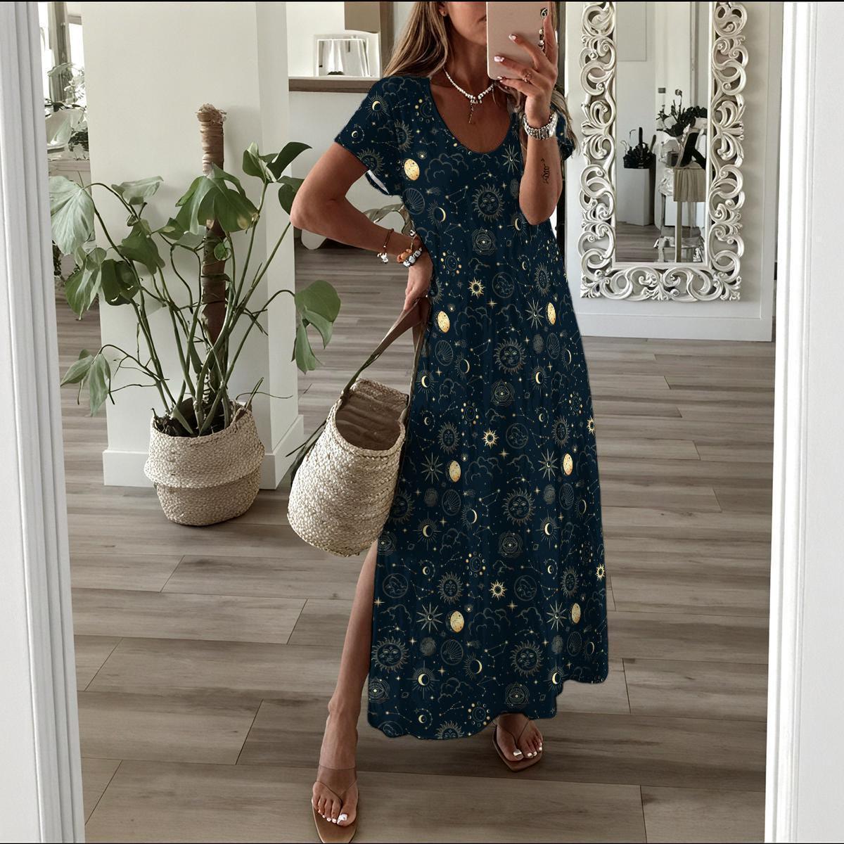 Celestial Maxi Dress, Navy Moon Sun Star Print, Boho Vacation Outfit